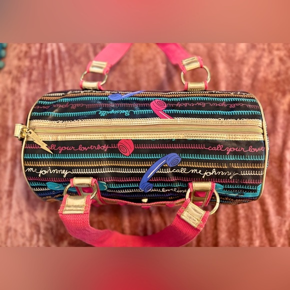 Vtg Betsey Johnson Y2K Black Call Me Betseyville Phone Barrel Bag Dress Handbag - Picture 9 of 14